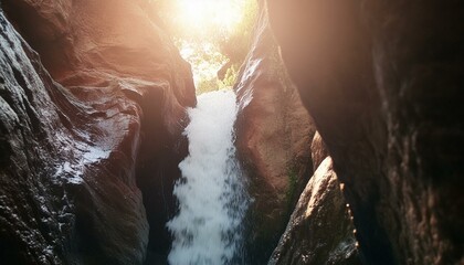 A remote waterfall hidden deep within a canyon, with sunlight peeking through the cliffs. AI...
