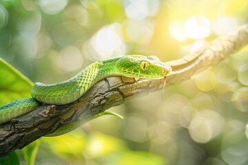 Fototapeta premium Wild green snake on a branch with green leaves