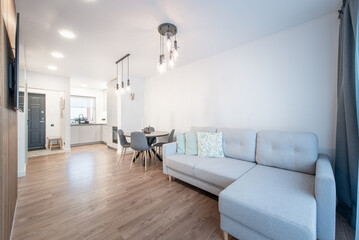 Luxury Living Room Interior. Modern Wide TV Screen. Sofa, Table Chairs and LED Light on the Ceiling.