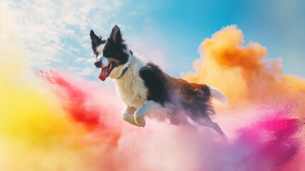 A black and white Border Collie is running with its tongue out in front of a multi-colored powder explosion.

