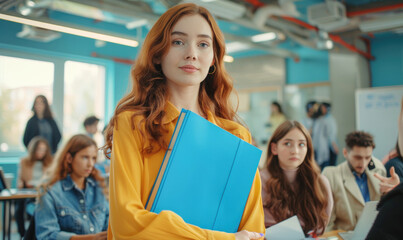 A teacher woman is standing in the center of the classroom holding a folder