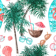Summer holidays watercolor seamless pattern. South, tropics, sea. Tourism, travel. Palm trees, coconut, cocktail, sunglasses, shells, surfboard. White background. For printing on fabric, textiles