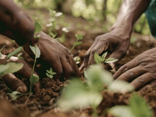 A group of activists planting trees in a deforested area, showcasing growth and renewal, with a focus on diverse hands nurturing seedlings