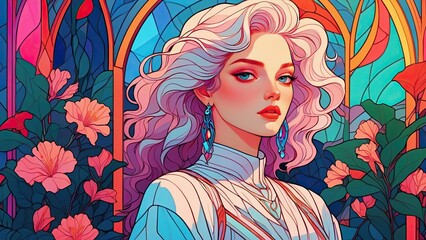 Beautiful magical girl. Stained glass style. Modern illustration