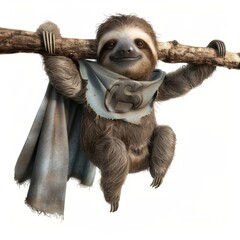 Fototapeta premium Cute animated sloth character hanging from a tree branch with a cape
