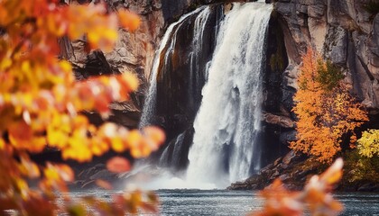  A dramatic waterfall framed by rugged cliffs and vibrant autumn foliage. AI generated