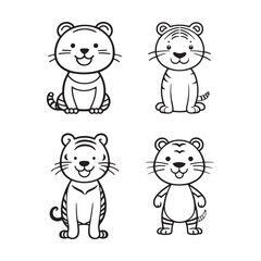 Tiger vector black and white cartoon character design collection. White background. Pets, Animals.