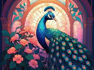 Peacock. Geometric patterns. Glassy background.