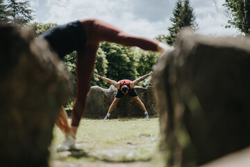 Two friends or a couple engaging in a stretching session in an urban park, showcasing a healthy,...