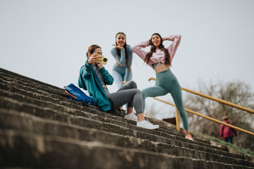 Three friends resting and chatting on steps after a workout in sporty attire, conveying a sense of...