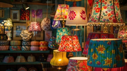 Vintage store with display of upcycled lampshades covered in fabric from retro dresses, moody...