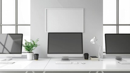 White coworking interior with pc computers on desks and window. Mockup wall realistic