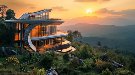 Futuristic hotel on a mountain with a big windows at Sunset