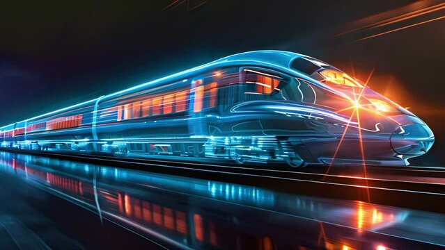 This sleek, high-speed train moves swiftly along the tracks in the darkness of night.