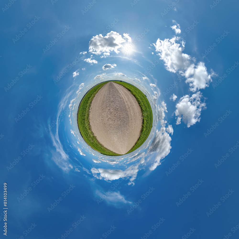 Wall mural simple tiny planet without buildings in blue sky with beautiful clouds. transformation of spherical 