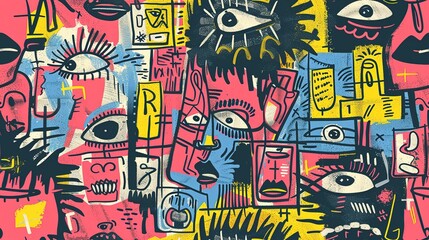Obraz premium punk pop rock style elements abstract face with grungy texture with color splash abstract background, seamless pattern tile, Generative Ai