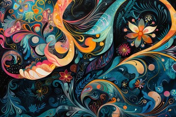 Vibrant and whimsical abstract background with colorful swirling patterns and floral elements