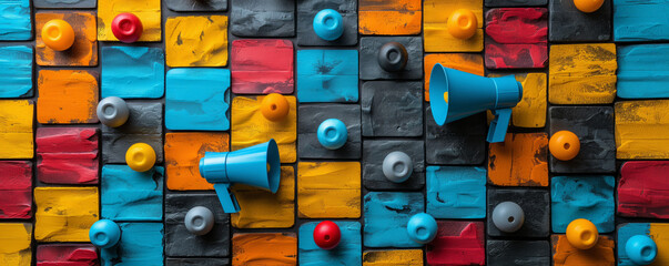 Colorful wall with megaphones and knobs