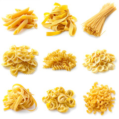 Variety of types and shapes of Italian pasta in rows on white background from above. Italian cuisine food concept, isolated on white background.