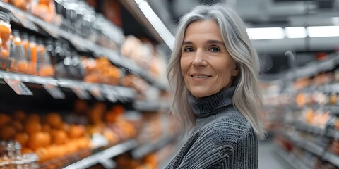Fototapeta premium Joyful Generation X Woman in Her s Wearing a Turtleneck Sweater Shopping at the Supermarket. Concept Fashion, Generation X, Lifestyle, Groceries, Shopping