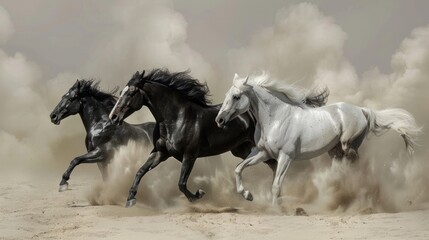 Black and white horses run in desert dust 