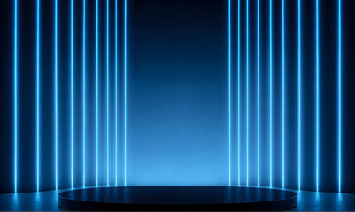 Background podium 3D light neon blue platform stage product abstract. Scene background 3D podium dark pedestal room glow studio empty stand floor night modern circle show space display game led black.