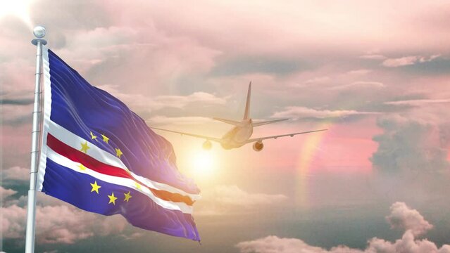 Cape Verde flag Waving Realistic With Sky Plane Takes Off At Sunrise