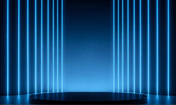 Background podium 3D light neon blue platform stage product abstract. Scene background 3D podium dark pedestal room glow studio empty stand floor night modern circle show space display game led black.