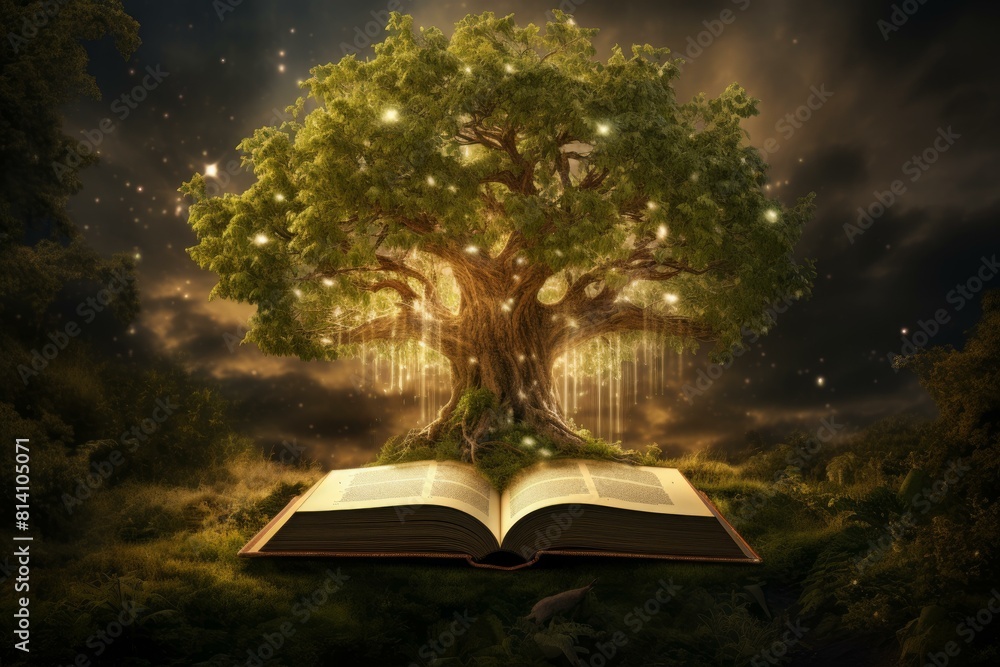 Aufkleber captivating open book with a mystical tree growing from its pages under a starry sky