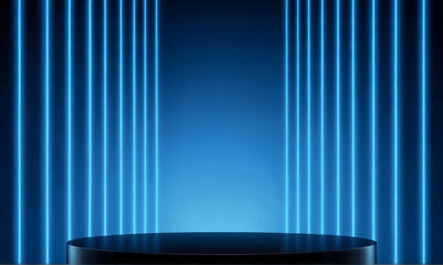 Close up empty black podium of product display in dark scene with line vertical blue neon light on background.Background podium 3D light neon blue platform stage product abstract. Scene background 3D 