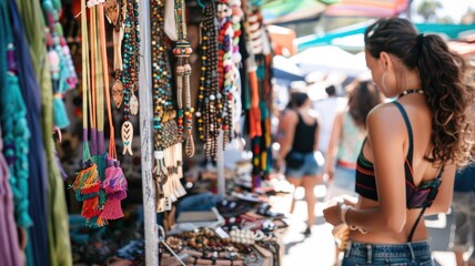 Obraz premium outdoor marketplace brims shoppers explore stalls adorned with vibrant, colorful scarves and eclectic handmade jewelry