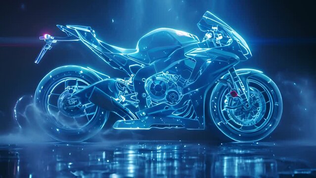 This Blue motorcycle parked on dark surface with dramatic lighting.