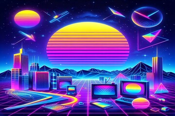 Retro Futuristisches Neon Wallpaper: Sonnenuntergang, Achtziger Jahre Nostalgie, Synth Wave Ästhetik 