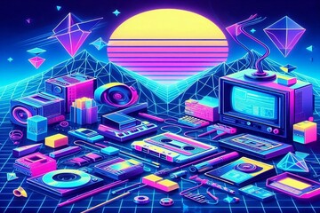 Retro Futuristisches Neon Design Wallpaper: Sonnenuntergang über Kassette, Computer und Fernseher aus den Achtziger Jahren, nostalgische Synth Wave Ästhetik 