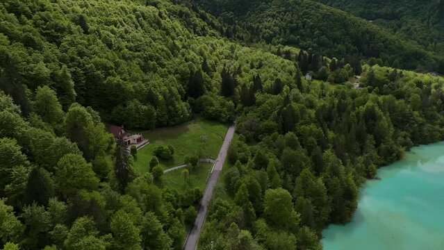Lake Barsis aerial view from above Valcellina-Pordenone, Italy