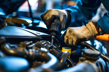  a mechanic's hands performing a compression test on a car's engine cylinders