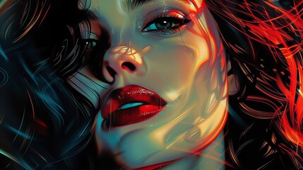 Enhance the realism of this image by adding more detail to the face, hair, and skin. Make the lips appear more glossy and add a subtle blush to the cheeks.