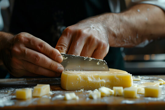 a cheese monger's hands slicing artisanal cheese with precision