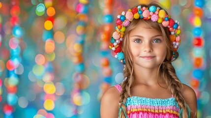 A little girl wearing a crown of flowers on her head