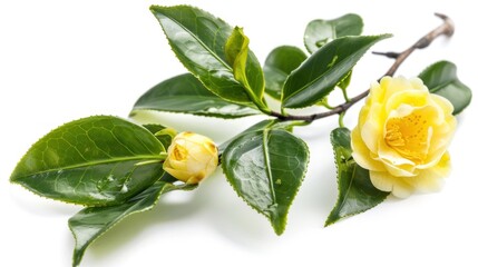 a macro closeup of green branch of tea tree Camelia Camellia sinensis yellow flower blossom isolated