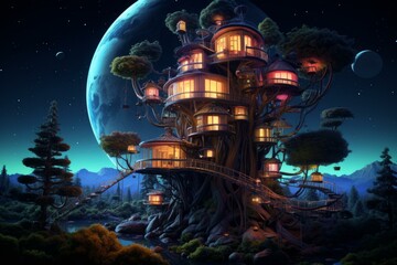 Stunning digital art of a magical treehouse lit up at night under a starry sky with planets