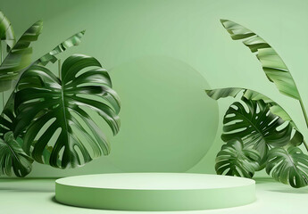 Background green podium product platform 3D display stage stand luxury. Green background podium abstract studio leaf pedestal scene minimal plant design cosmetic light presentation wall modern tree. 