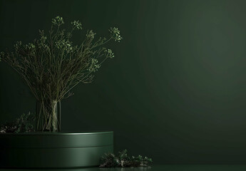 Background green podium product platform 3D display stage stand luxury. Green background podium abstract studio leaf pedestal scene minimal plant design cosmetic light presentation wall modern tree. 