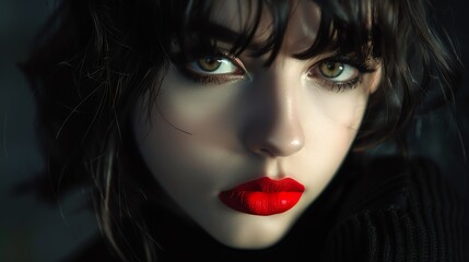 Fototapeta premium A closeup portrait of a young woman with dramatic makeup and lighting