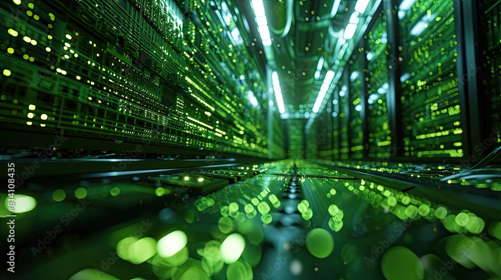 Poster green technology-themed image of a virtual server network, organic data structure design resembling 