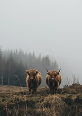 Mysterious Highland Cows in the Morning Fog Generative AI