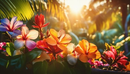 A lush tropical paradise bathed in sunlight, with exotic flowers in every hue imaginable. AI generated