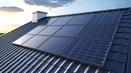 Obraz premium Modern and Efficient Solar Panel Installation on Rooftop for Energy-Conscious Designs