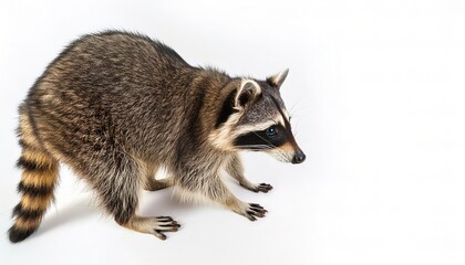 Raccoon or racoon - Procyon lotor - a mammal native to North America. It is the largest of the procyonid family with a black face mask and dark rings around the tail. Isolated on white background