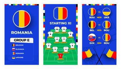 Romania team football 2024 vertical banner set for social media. europe Football 2024 banner set with group, pin flag, match schedule and line-up on soccer field.